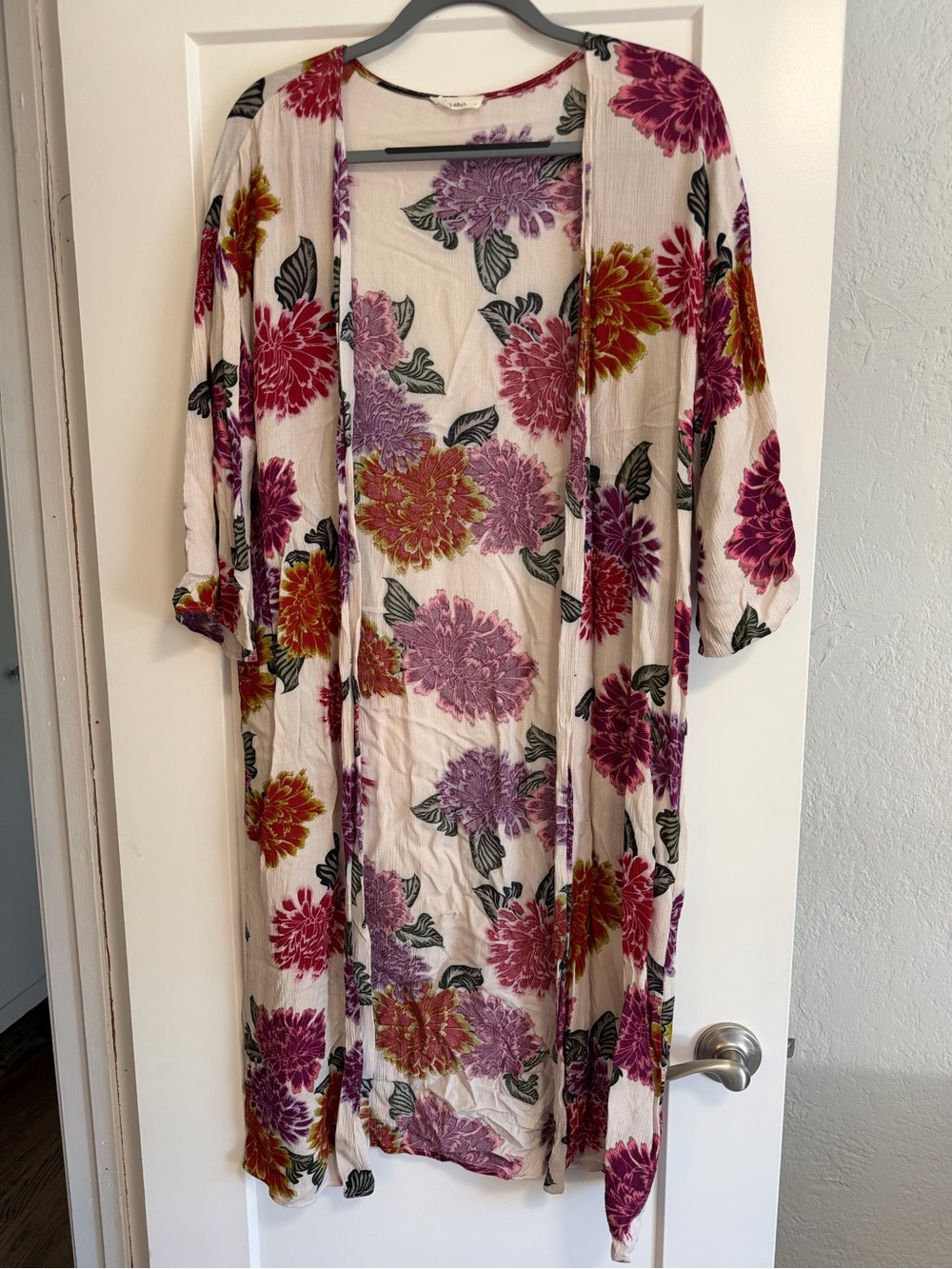 Floral Open-Front Kimono Cardigan - Ivory with Pink & Purple Blooms